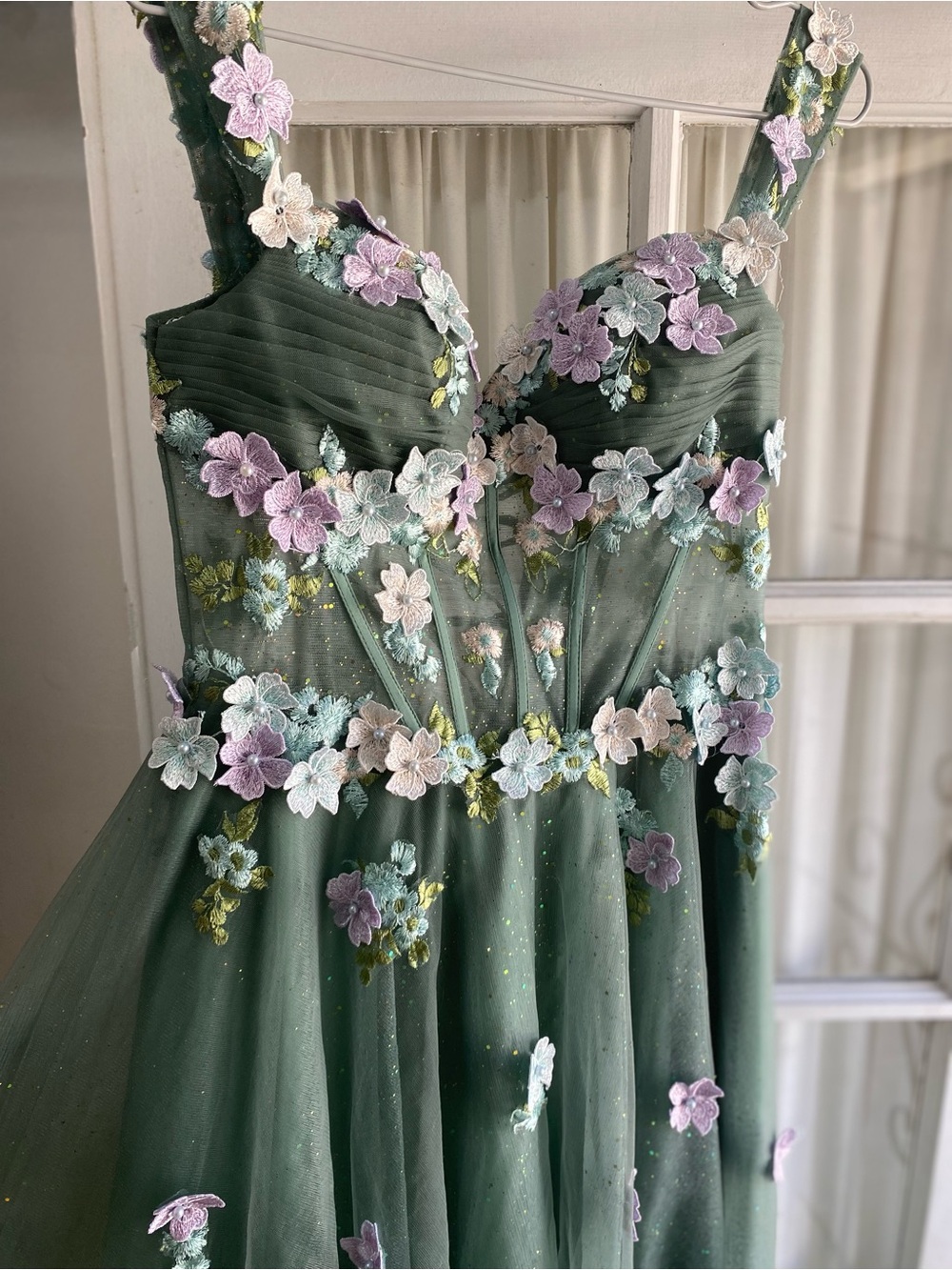 GLS Collective Emerald Green Tulle Dress with Pastel Floral Appliqués